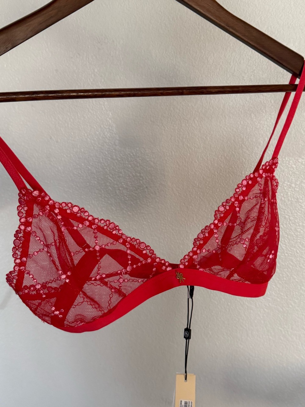 Free People Red Sheer Lace Bralette with Scalloped Trim